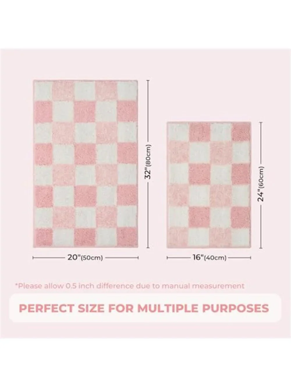 Pink Checkered Bath Mat Non Slip Rug Soft Absorbent Microfiber Bathroom 24x16